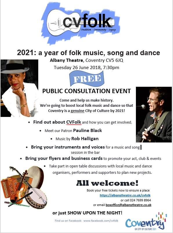 Less than 3 days to go. Bob Brooker and Ewan Cameron hosting the music/song session. Come and help us make history. <a href="/albanytheatre/">Albany Theatre</a> @paulineblack <a href="/RHalligan/">Rob Halligan</a> #cvfolk