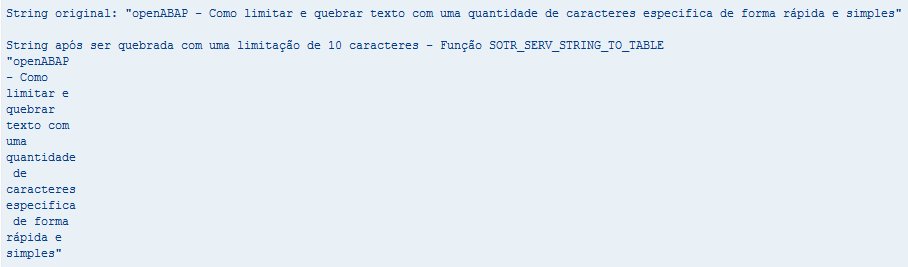 open_ABAP's tweet image. Como quebrar string no ABAP sem usar SPLIT e com uma quantidade limite de caracteres? Descubra nesse post. openabap.com/2018/06/quebra…