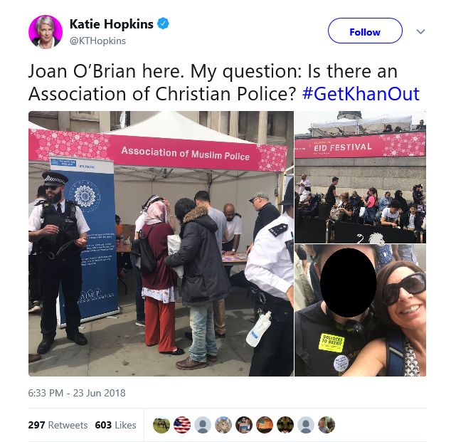 Yes, it's called the Christian Police Association (CPA), and there's also a Jewish one. Katie's idea of worthwhile journalism these days is to go 'undercover' at #PeoplesVoteMarch & #EidLDN then tweet questions that a simple google search would answer