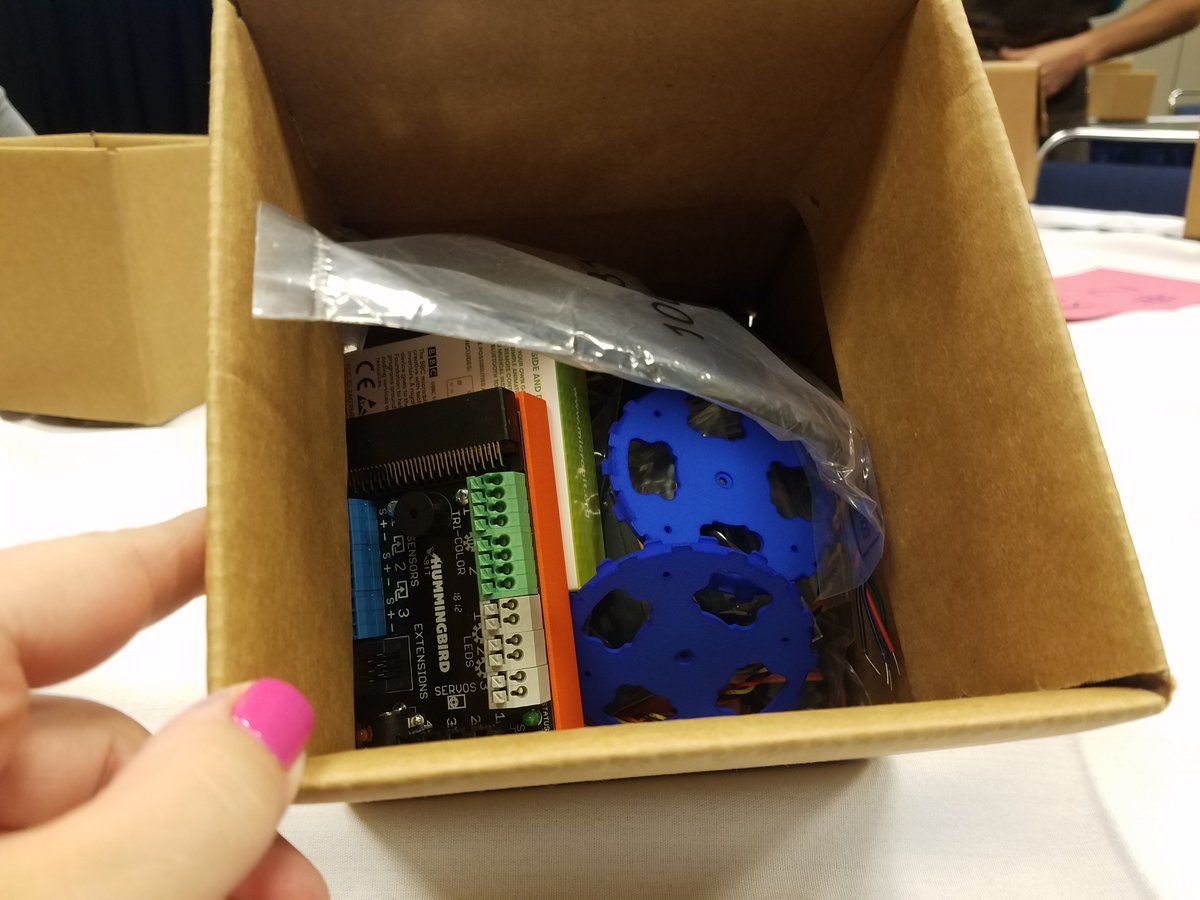 teambond's tweet photo. Ready to turn this box of Hummingbird supplies into a robotic float!!! @birdbraintech #CSFirehose #iste18 https://t.co/J8EZ5DlsWc