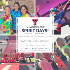 ttuboc's tweet photo. Here are the TTUBOC 2018 spirit days! Be sure to pack your best outfits!

Monday - Neon Day
Tuesday - Super Hero/Villain Day
Wednesday - Camp Hype Day
Thursday - Twin Day
Friday - School Spirit Day https://t.co/y9ghVceGy9