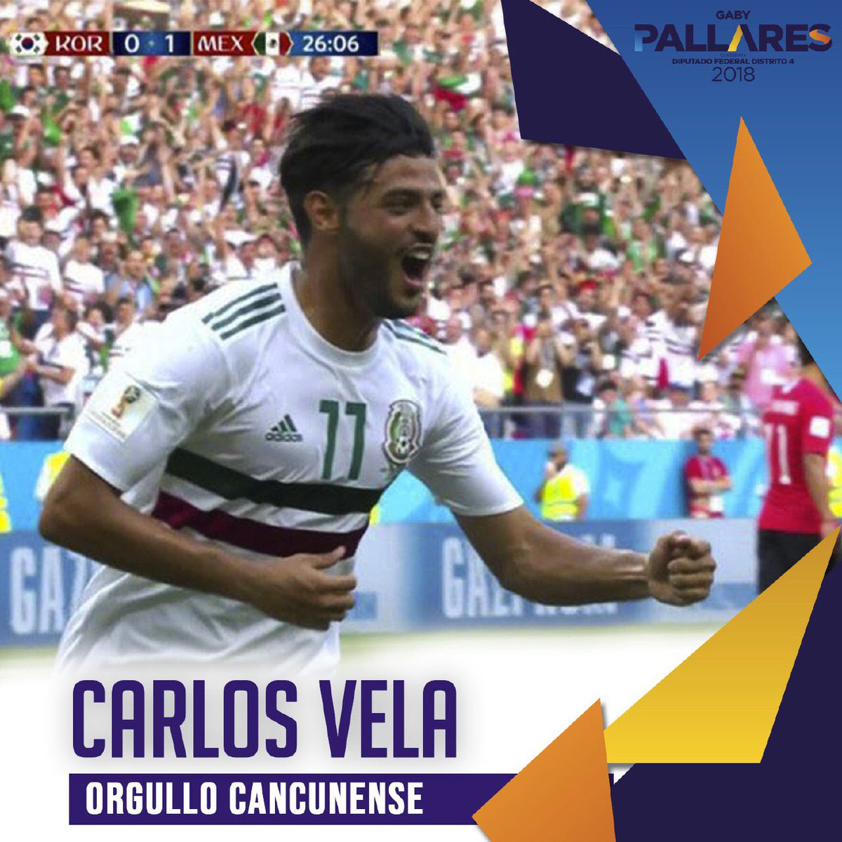 Muchas felicidades a <a href="/miseleccionmx/">Selección Nacional</a> por la victoria que consiguieron en su encuentro mundialista y en especial a <a href="/11carlosV/">carlos vela</a> que pone en el alto nuestro bello Quintana Roo. Este 1 de julio #SumemosConQuintanaRoo
#UnidosPodemos
Visita: gabypallares.mx/sumate