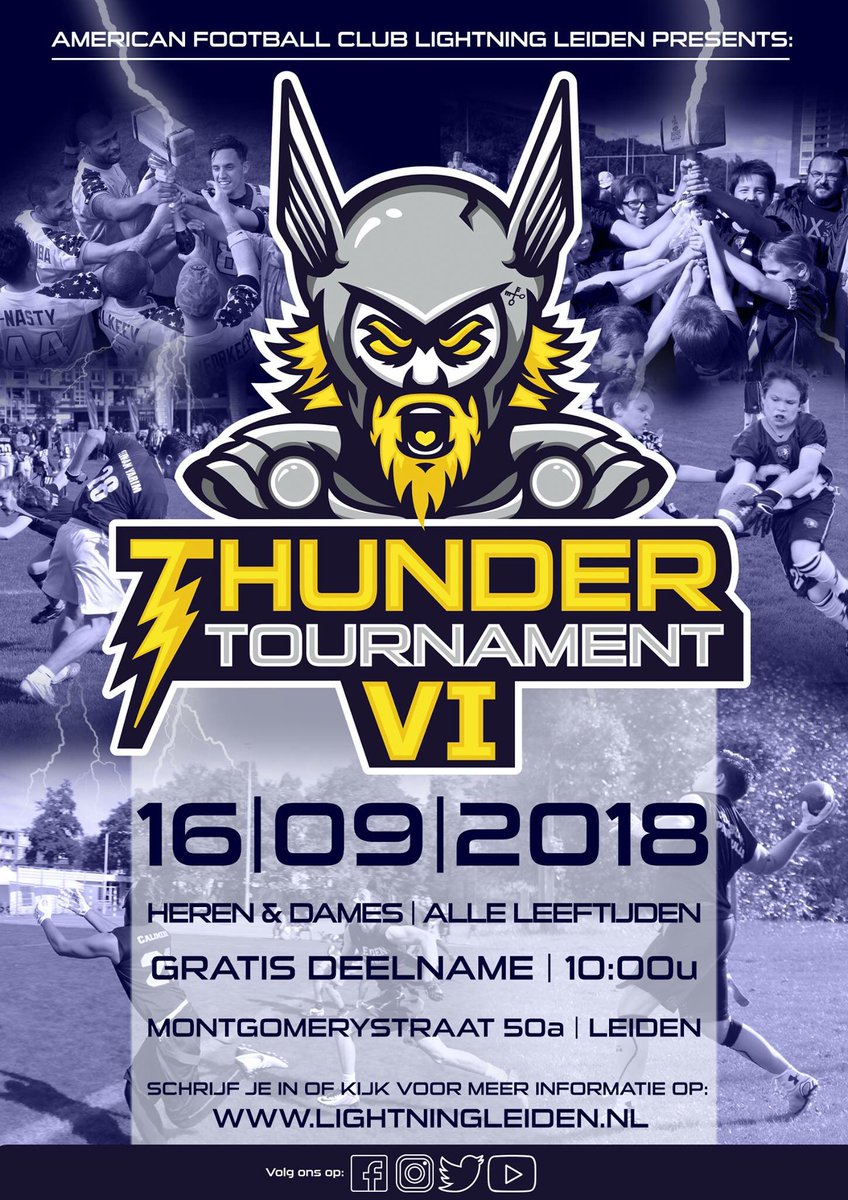 LightningLeiden's tweet photo. Het einde van het AFBN seizoen nadert, daarmee komt het Thunder Tournament VI weer dichterbij! Zondag 16 september barst het Flag Football geweld weer los  in Leiden! Dit jaar al de zesde editie van het toernooi. Strijd jij mee om de grote hamer?! Schrijf je team nu in! https://t.co/bTqtAgaKhv
