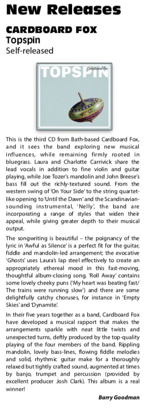 Shire Folk Album Review of the Day is 'Topspin' by Cardboard Fox <a href="/CardboardFox1/">Cardboard Fox</a> See them playing songs from this album at the following festivals this summer at <a href="/PurbeckFolk/">Purbeck Valley Folk Festival</a> <a href="/DartmoorFolk/">DartmoorFolkFestival</a> <a href="/BeerBluegrass/">Beer and Bluegrass Festival 24/25th July 2020</a> #Poole