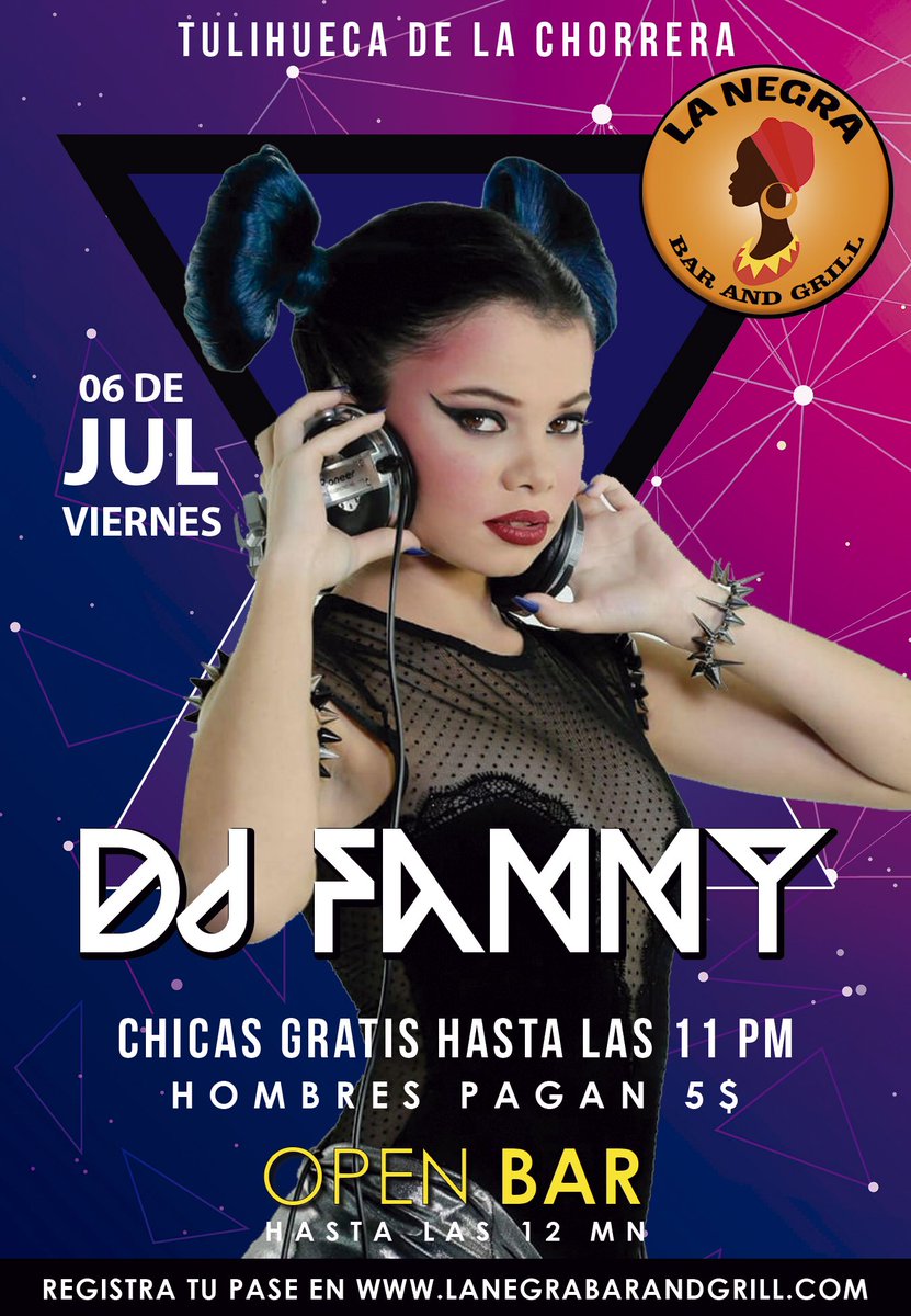 Siguen nuestros Viernes de Open Bar y este Viernes 06 de Julio todos el Flow lo pone nuestra Dj Invitada 🎧🎚🎛🎚 <a href="/djfannymusic/">DJ FANNY</a> con todo su #CrossOver y buen flow. Ellas no pagan hasta las 11:00pm Ellos solo pagan 5$. Registren su entrada en lanegrabarandgrill.com los esperamos