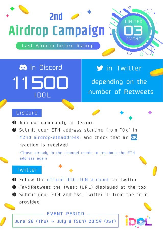 【IDOL COIN】New airdrop📢
🔹join Discord(discord.gg/DNQZWbQ) and fill your ETHaddress in [2nd airdrop-eth-address] ,You will get 11,150 Token❗️
🔹This token will be listed on CoinExchange on July 5❗️❗️❗️
🔹This is japanese token 🇯🇵