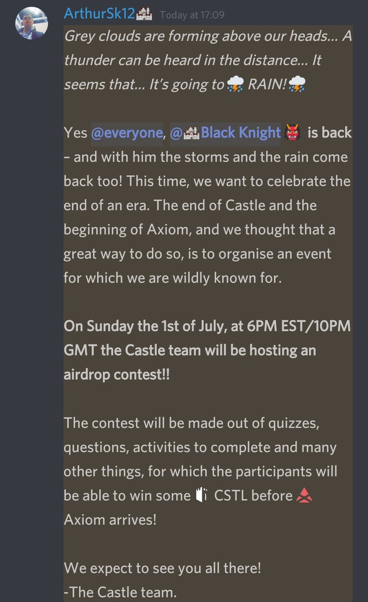 AxiomsApp's tweet image. THIS SUNDAY 1st of July at 6PM EDT/10PM GMT - we celebrate the end of the Castle era and the annoucement of Axiom!
We are going to celebrate it by hosting an airdrop in our Discord!
RT if you want to participate!
#Castle #Axiom #Airdrop #Contest #NewEra #Crypto #Blockchain #RT