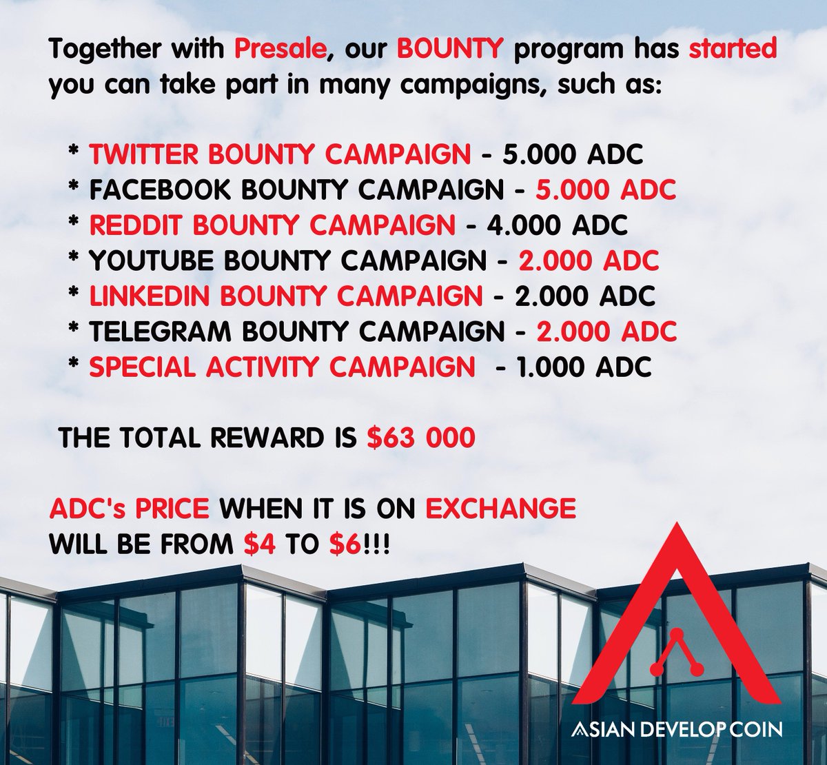 Asiadevcoin's tweet image. 📯We officially open Pre Sale from June 30th to July 20th.
You can buy ADC with 2.4 USD/ ADC. 
Everyday we sell only 50 000 ADC at 10 AM  Germany Time.
💌Together with Presale, our BOUNTY program has started. Click here: bitcointalk.org/index.php?topi…
Register at ico.asiadevcoin.com