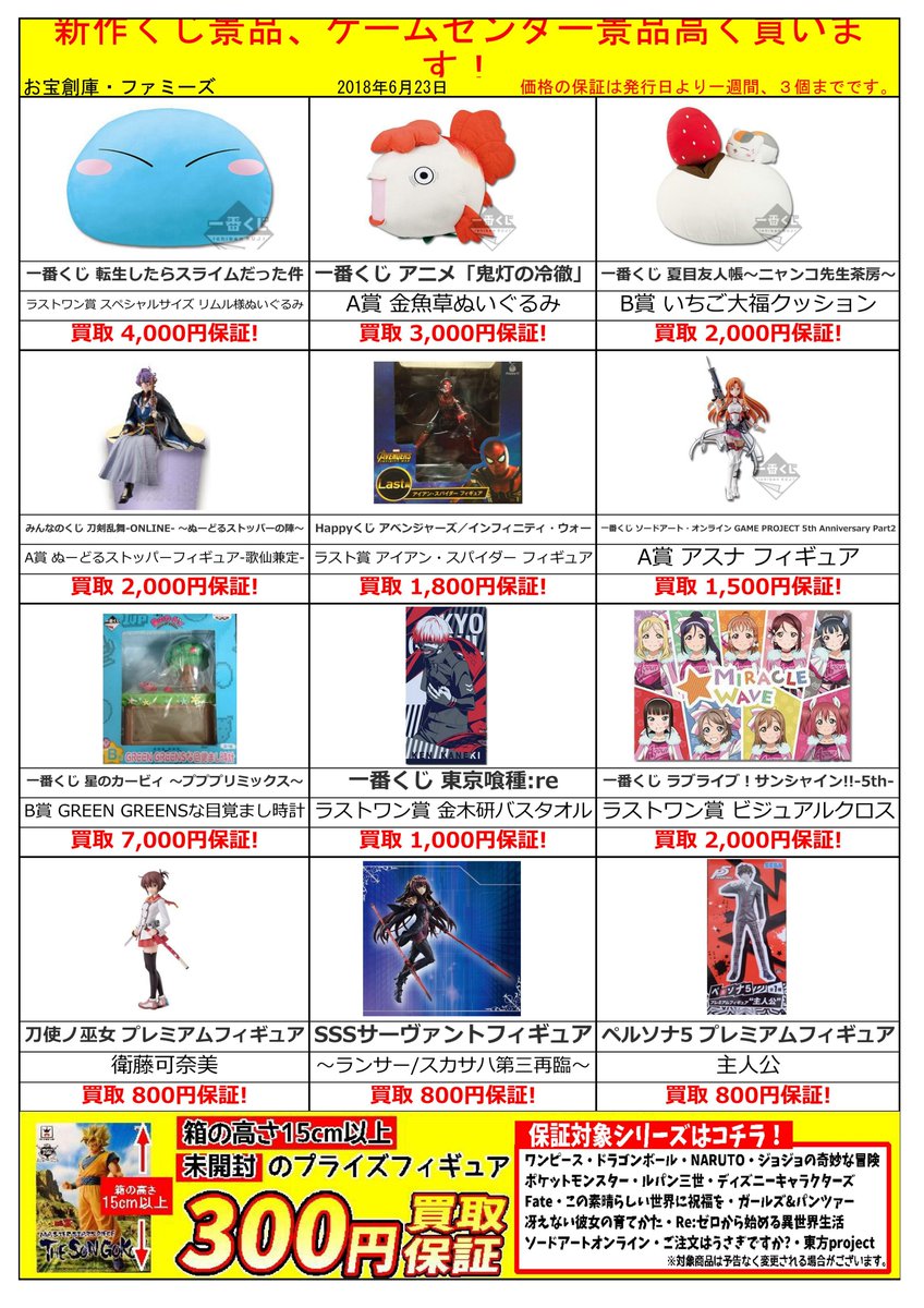 ファミーズ中川店 買取情報 プライズ 一番くじの買取保証を更新しました 新作のプライズ くじ景品を筆頭に多数の商品を高価買取保証 一番くじ ゲームセンター景品の買取なら当店におまかせください 期限は1週間限定 是非当店にお持込下さい 一