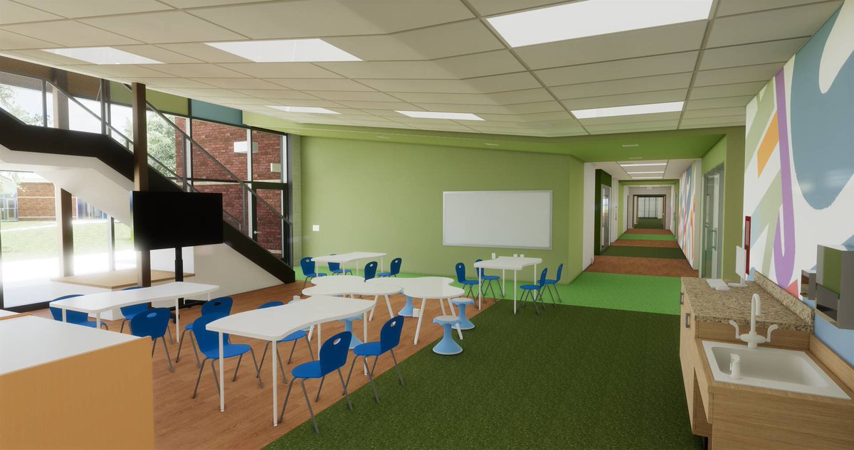 FairbornSkyhawk's tweet photo. Here’s a look at one of the new extended learning areas (ELAs) in the new Primary building, featuring lots of natural light, bright colors, and tech. Innovative education spaces that promote collaboration will guide future learning in Fairborn City Schools! #FPS2020 @shp_design https://t.co/Lhb0jF1UCO