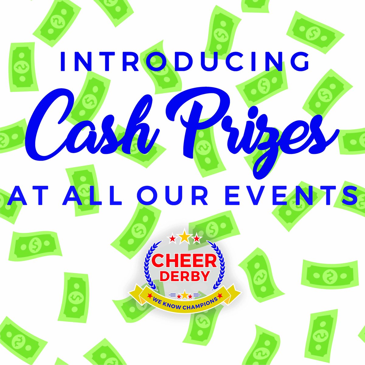 CheerDerby's tweet photo. We are excited to introduce our new CASH PRIZES at ALL our events this year! Are we on your schedule yet? #cheerderbystyle #Awards #weknowchampions #cheerderby18 #cheerderby19 https://t.co/RhmXdBygIQ