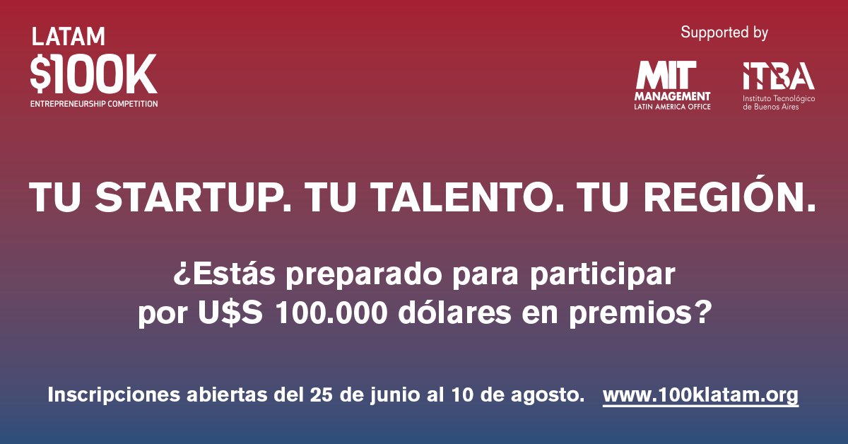 sabf's tweet image. ¿Tenés una empresa start-up o estás en proceso de desarrollarla? Participá de la competencia 100K LATAM, un concurso en el que podrás presentar tu idea y ¡ganar hasta U$S 100.000 dólares en premios!

Para más información: 100klatam.org

#100KLATAM #startup