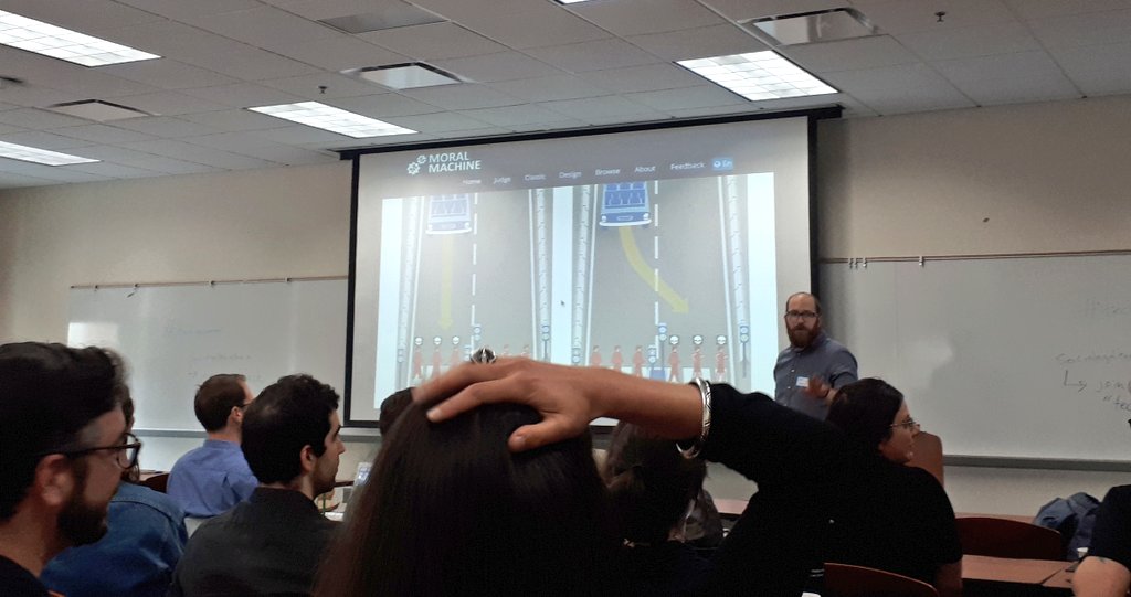 CiaraBRoche's tweet photo. Tfw you @EmeryJohnR ask a room full of tech, law, and society scholars to play #themoralmachine en masse... #techlawsummer @sociolegaltech https://t.co/9EIo5Fvq9D
