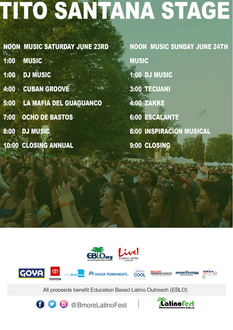EBLO's Annual LatinoFest! TITO SANTANA STAGE 🎶🎹🎷🎤🥁 
🎫Buy your tickets now! ➡️ goo.gl/WqL7ip  | Children under 12 Free! June 23-24 2018  🏞️ Patterson Park, #Baltimore, MD All proceeds benefit <a href="/EBLOBmore/">EBLOBmore</a> #BmoreLatinoFest #Maryland #familyfriendly #LatinoFestival