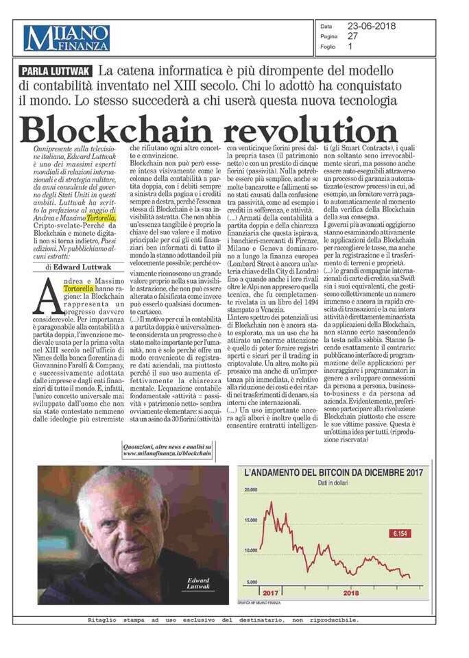 CiroImperato2's tweet photo. #criptosvelate la #blockchain revolution spiegata da #Luttwak @MilanoFinanza ed il 26 giugno sarà alla Link University di Roma per presentare il libro #criptosvelate di Andrea e Massimo Tortorella https://t.co/MaF5aiOu1e