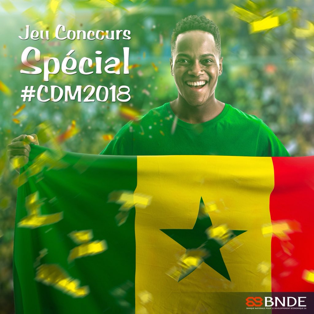 JEU CONCOURS spécial #CDM2018. 

La BNDE offre 5 maillots de l’équipe Nationale #Sénégal 🇸🇳 
Principe du jeu :

- Suivez le compte
- Retwetter ce post. 

#Kebetu