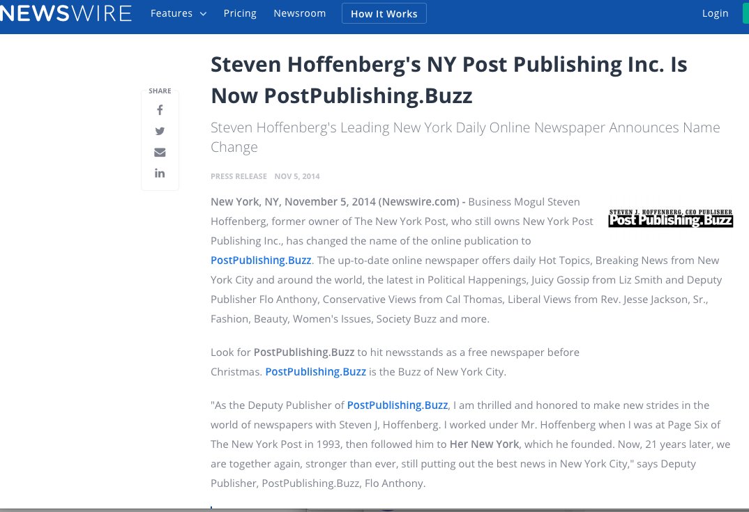 MOB.Steven HoffenbergStatware Inc. and other firms. ummmmmmmm.....NY Post Publishing Inc? But I thought you renamed it in 2014? WHAT THE FUCK IS THIS SHIT?