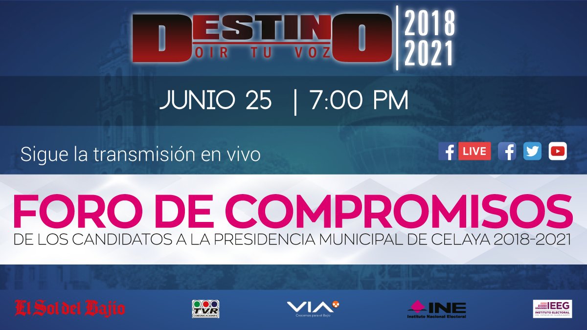 VIA_Noticias's tweet photo. Sigue nuestra transmisión en vivo el próximo lunes del foro de compromisos de los candidatos a la presidencia municipal de #Celaya 2018-2021 https://t.co/BSWUw1LA4J