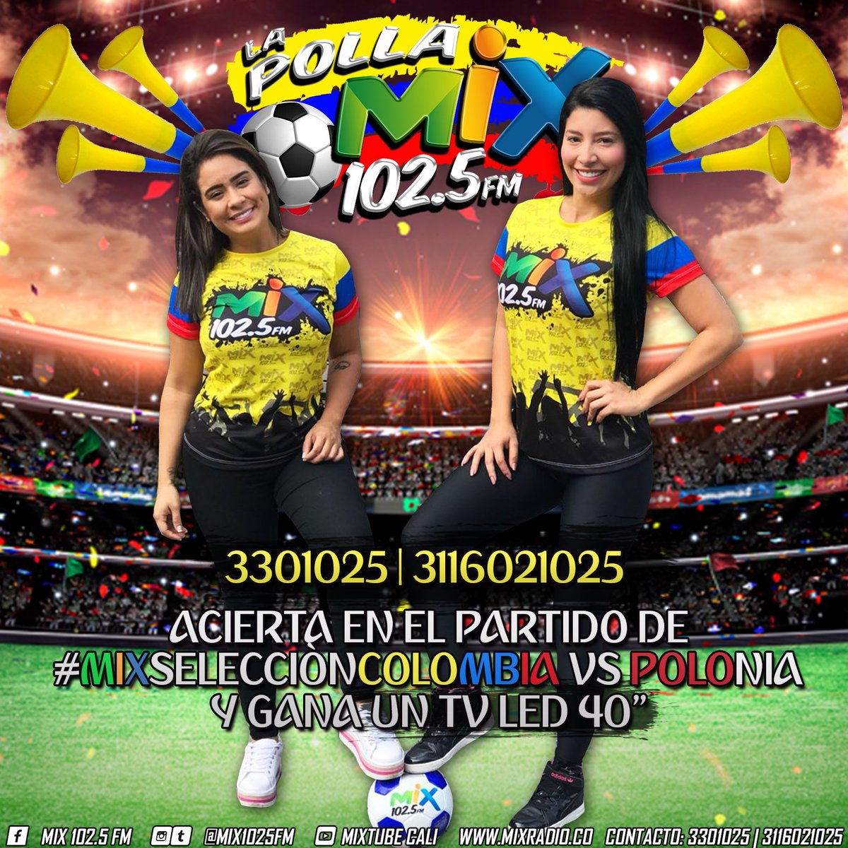 mix1015fmcali's tweet photo. Gánate un Tv led de 40” acertando en la #PollaMix del partido 🇨🇴Colombia vs Polonia 🇵🇱 porque el mundial es en #ModoMix. https://t.co/9EmMKN2GV3