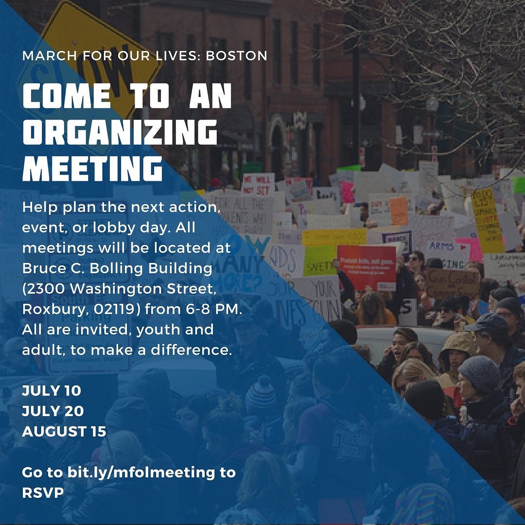MFOLBoston's tweet photo. Come to an organizing meeting and be a part of the change! Save the date: July 10, July 20, and August 15th 6-8 PM @ the Bruce C. Bolling Building. Join the movement #MarchForOurLives #mfolboston #beapartofthesolution
RSVP here: https://t.co/qApE5hXuLd https://t.co/04QZsagZKe