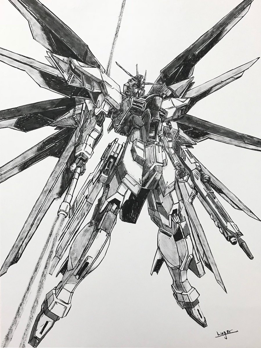 フリーダムガンダム描きましたよー🖤 筆ペンと筆ペンドライブラシと