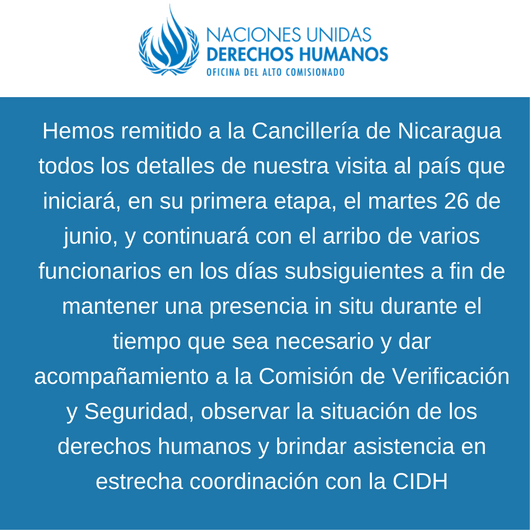 OACNUDH's tweet photo. 🔴  ANUNCIO - Misión oficial del @OACNUDH a #Nicaragua inicia el martes 26 de junio #DerechosHumanos 🇳🇮 https://t.co/HgkX9sLpwl