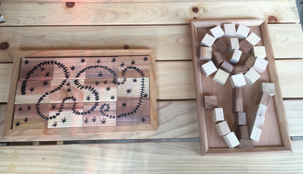imasusugi's tweet photo. サマーキャンプに木工講座が開催されます。

「せっかく作るだから、安全で楽しい時間を！」と必死に考えるのですが、
なかなかいい案が浮かばないのが現実です。

左のパズルは自分で作ったのに再度組み立てるのに四苦八苦しました！
テーマは木細工(モザイク)画です。 https://t.co/F6FTmZGyxh