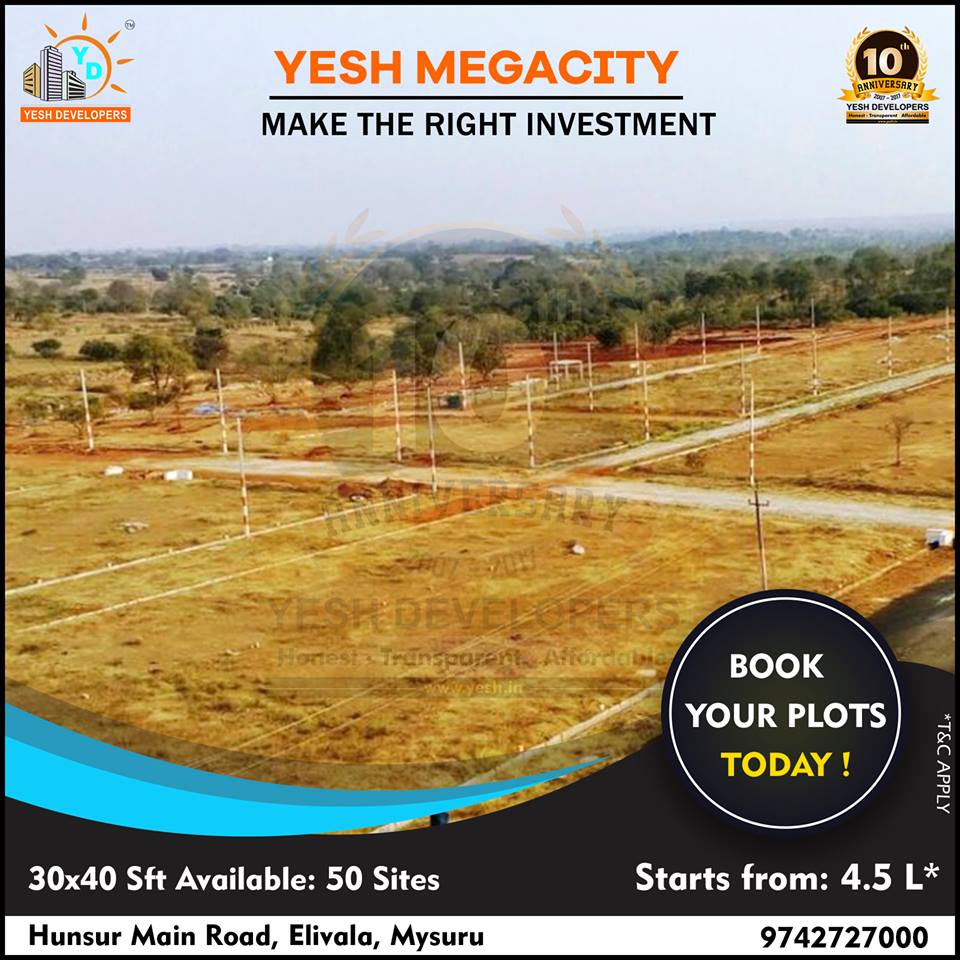 YeshDevelopers's tweet image. Yesh Megacity- It&apos;s time to make the right investment and safeguard your future. Click here to book a free site yeshdevelopers.com or call 9742727000 to book now!

Prices start from 4.5 L* onwards.&quot;
#YeshDevelopers #YeshMegaCity #PlotsOfProsperity #Investment #Mysuru