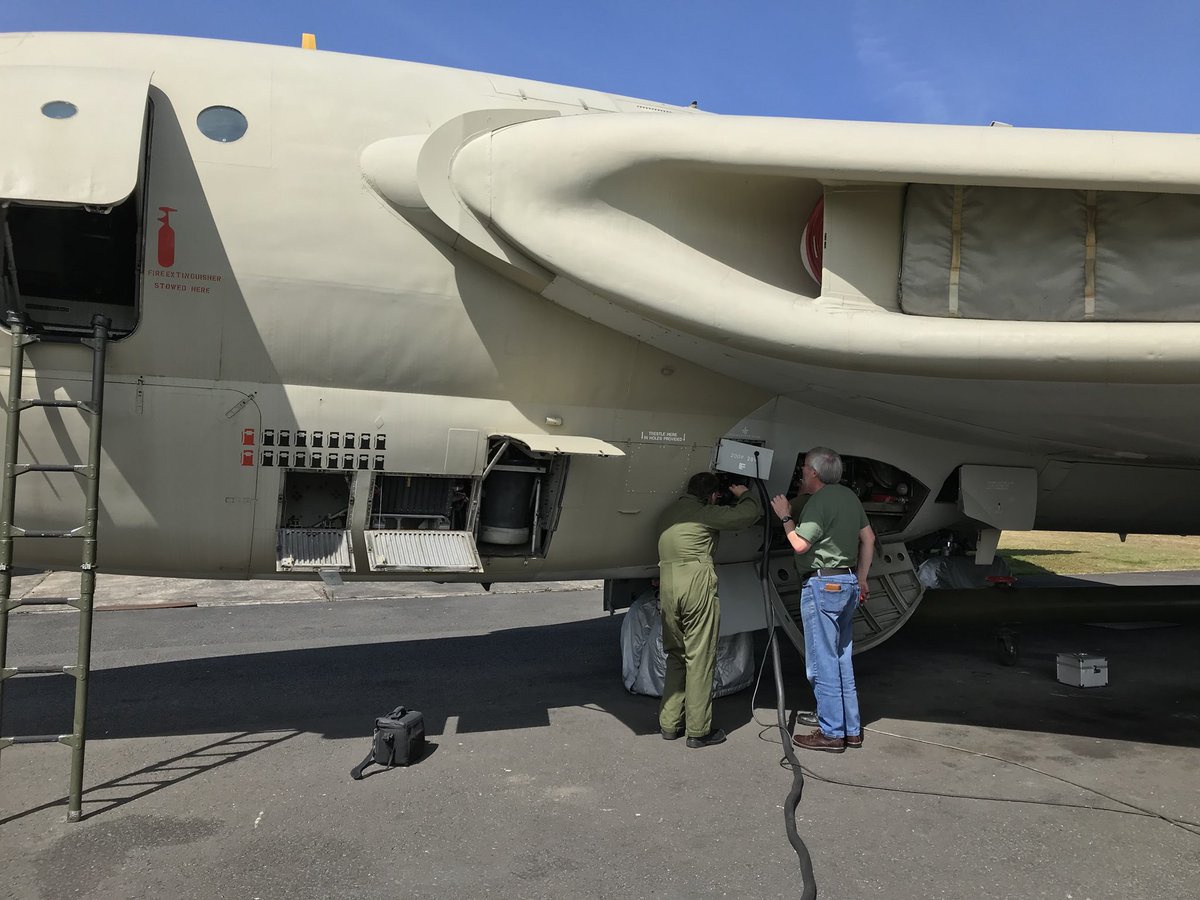 Today’s work.... running a communication cable into the bomb bay to aid testing of the bomb bay tanks. A tad warm to be working inside a big metal tube :)