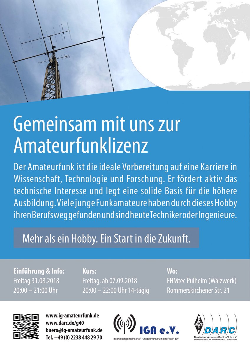 Im kommenden September startet unser neuer Klasse E Lizenzkurs.
Jetzt vormerken, teilen erwünscht.
Weitere Infos unter:
tinyurl.com/y9838f26

#amateurfunk #pulheim