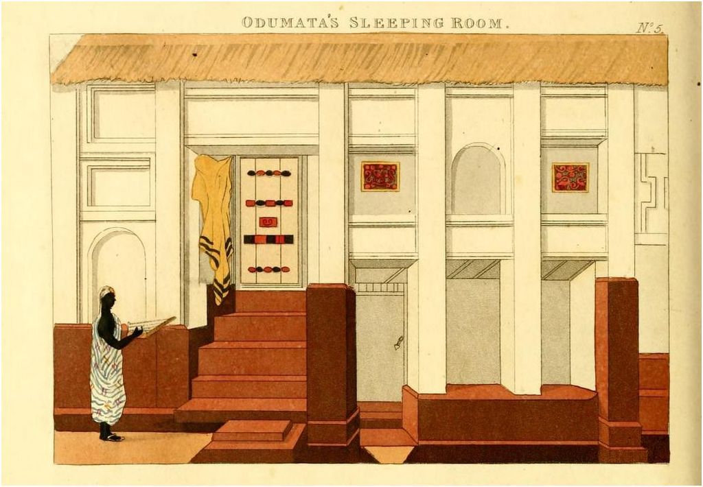 European illustration of the exterior of bedroom of a notable of the Ashanti Empire, from Mission from Cape Coast Castle to Ashantee... (1819) by Thomas E. Bowdich.