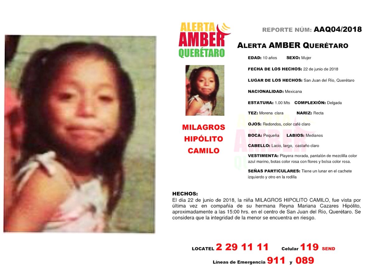 LaAlamedaQro's tweet photo. @AAMBER_Qro #URGENTE RT Se activa #AlertaAmber #Querétaro para localizar a MILAGROS HIPÓLITO CAMILO de 10 años Inf 911, 089 @LaAlamedaAlerta @_LaAlameda @AYUDA_QRO @viloja @clavon73 @qro_obj @JPsosa @JuANeRi @reportemar https://t.co/UCsXaA6l67
