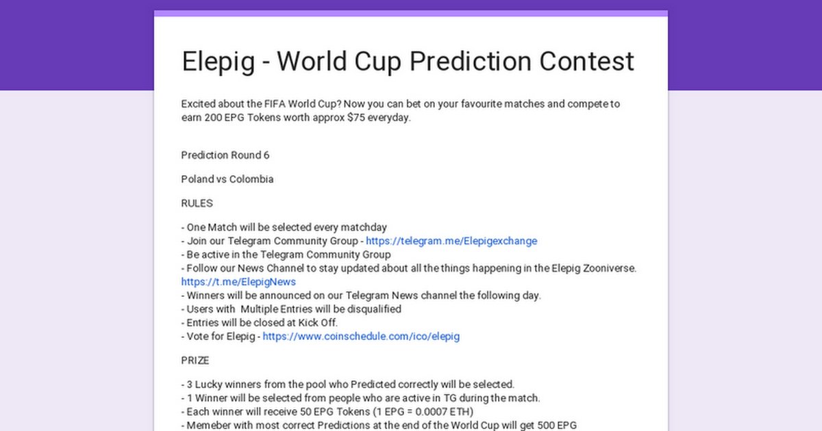 Poland vs Columbia - be in it to win it!  Win Elepig tokens for guessing the score and man of the match!  Fill in the form to take part! #elepig #elepigexchange #bitcoin #worldcup2018

buff.ly/2yzdNIA