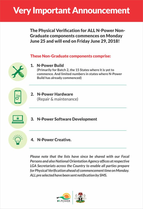 npower_ng's tweet image. Good morning, 

Please note that pre-selected applicants for the non-graduate component of N-Power will commence their physical verification from tomorrow, Monday, June 25th.

#NPowerNG