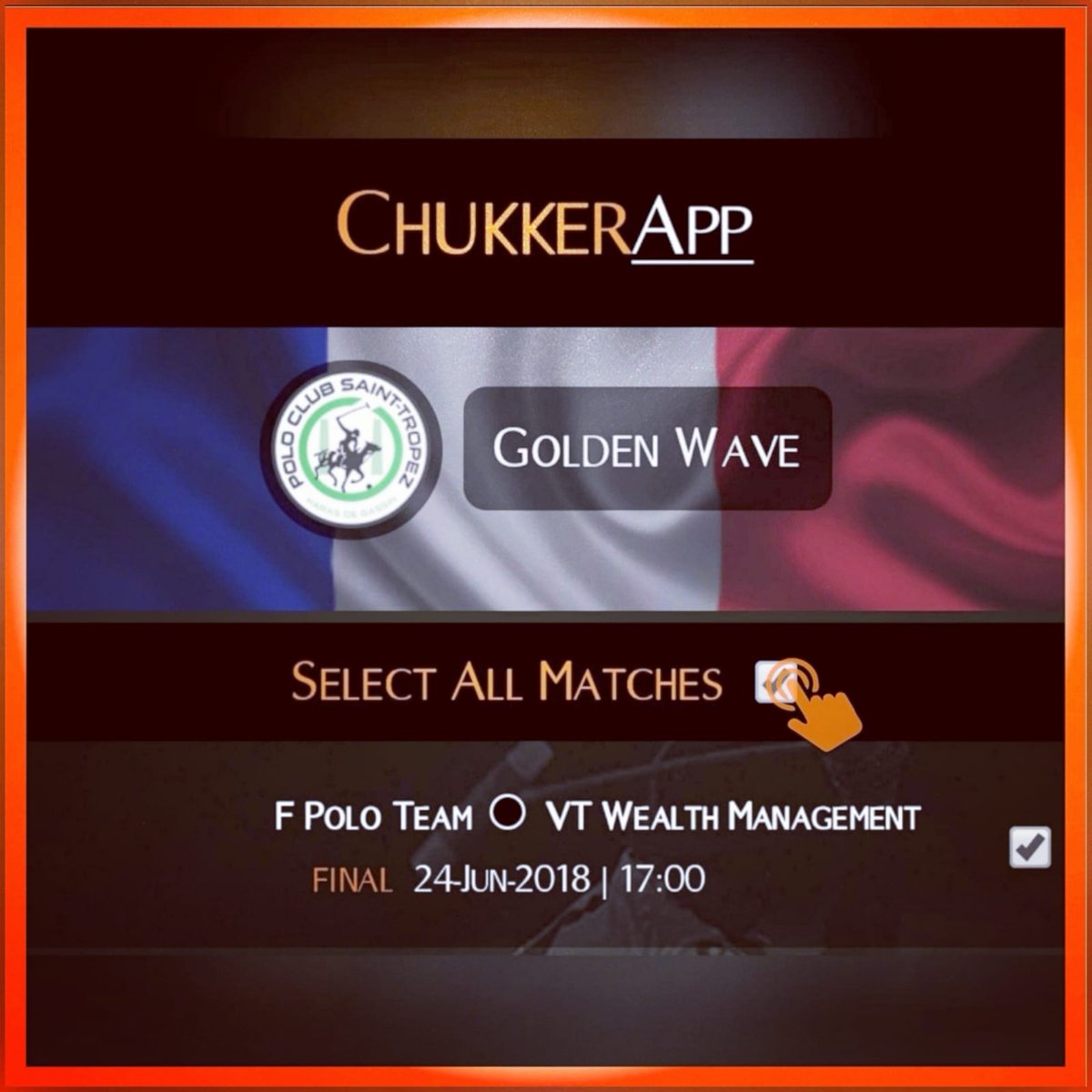 ChukkerApp's tweet photo. 🇫🇷 06|24 #Final #Goldenwave @PoloStTropez.
#vtwealthmanagement #fpoloteam
↘️ Get instant #livescores with your #poloapp📲, @ChukkerApp.
#chukkerbychukker wherever you are... Don't miss out!
https://t.co/b8DS0VDQii https://t.co/MAHfxc6gJj