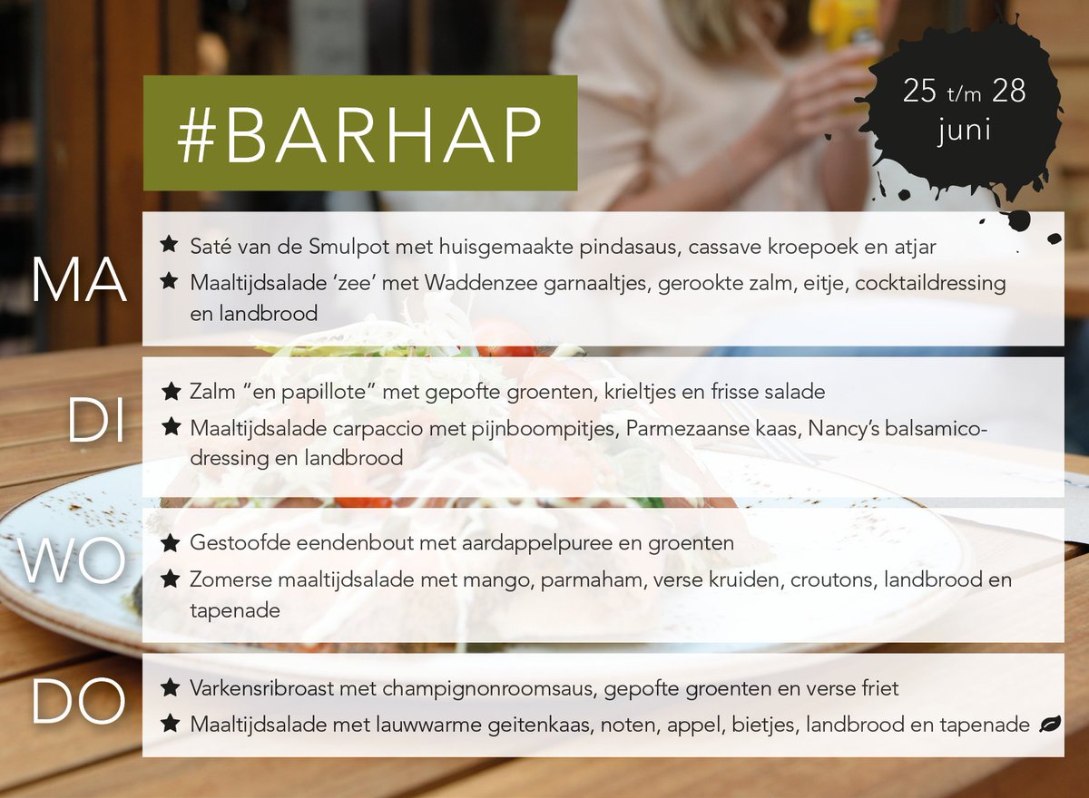 Smulpotlife's tweet photo. Voilà! Vers van de pers: het #BARHAP menu voor komende week!😋 Wie komt er lekker bij ons aan de bar eten #vooreen10tje?! Laat ook even weten welke dag je langskomt #vindenweleuk!😃👍🏼 #dineren #aandebar #voor10euro #beterwordthetniet https://t.co/C7KLeAauqD
