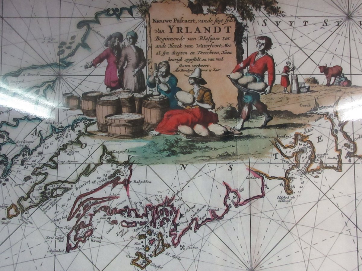 WmMJenkins's tweet photo. All are welcome in #corkcity #ireland, including the #Dutch. And the Dutch made a fine stab of mapping the southern Irish coast in the 1600s. To the right of the map, under the woman with milk churn, you will find "Corck" city. Bantry Bay bottom left. #proc #Acis2018 #AcisCork https://t.co/8nZOxrW4YC