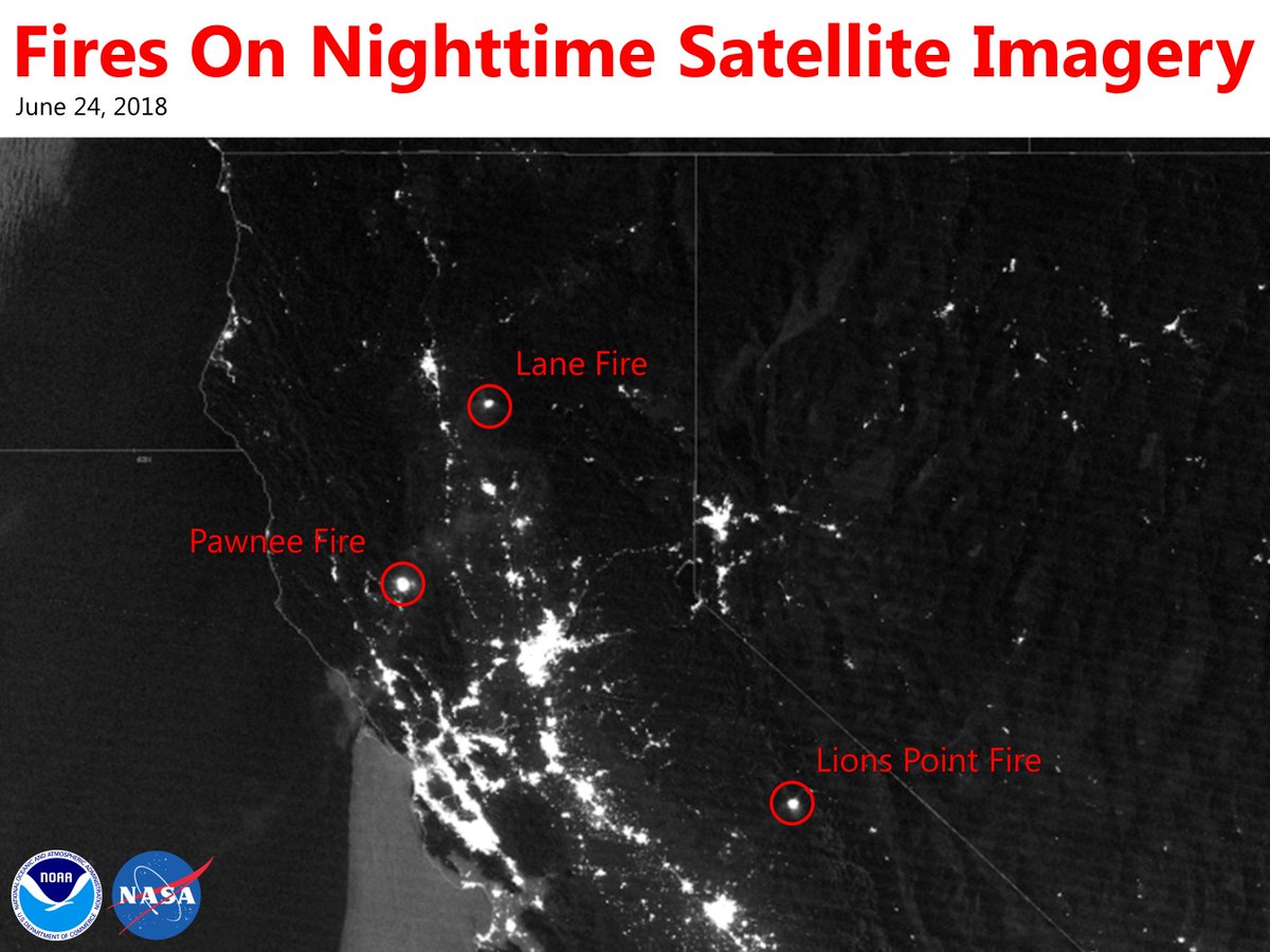 NWSSacramento's tweet image. One of our high resolution weather satellites captured this image of #NorCal overnight, clearly showing #LaneFire #PawneeFire #LionsPointFire putting out an impressive amount of radiance. #cawx