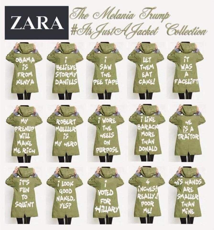 afshineemrani's tweet photo. A new line by @ZARA and @MELANIATRUMP because laughter is the best medicine against #FakeNews #ItsJustAJacket @realDonaldTrump https://t.co/EeCFfps9xe