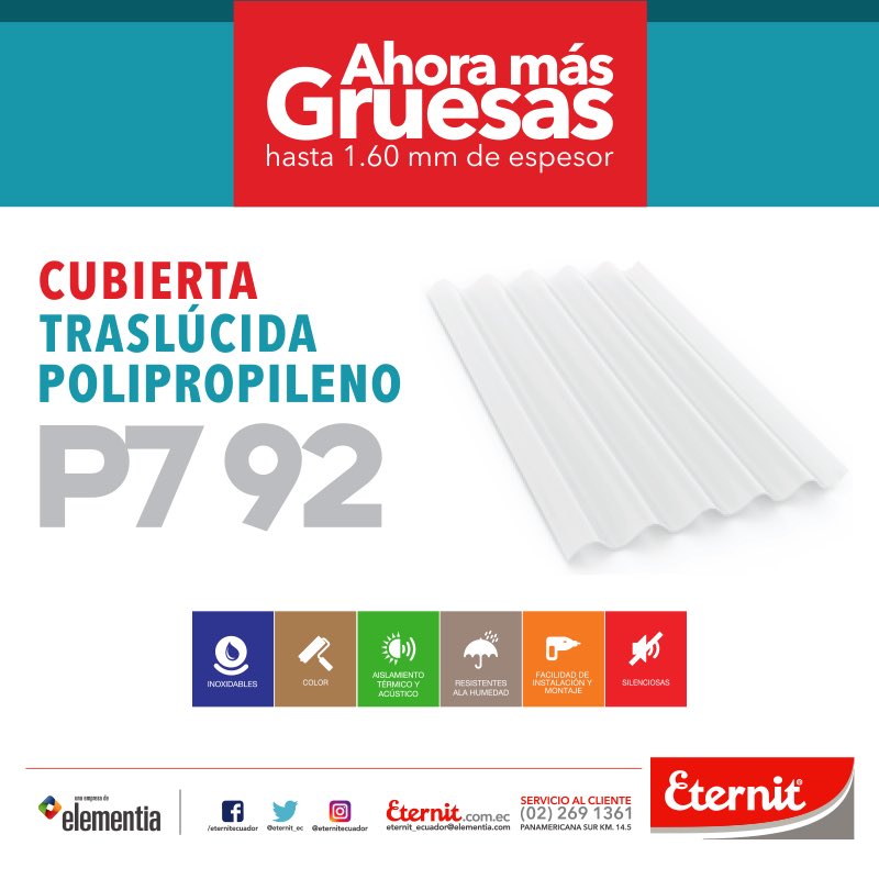 Eternit_Ec's tweet photo. Nuestra plancha traslúcida de polipropileno P7 92 es la solución para todo tipo de construcción que requieran un techo económico, versátil y durable. Ahora en espesores aún más Gruesos. #HechasParaDurar https://t.co/pworEMDM5j