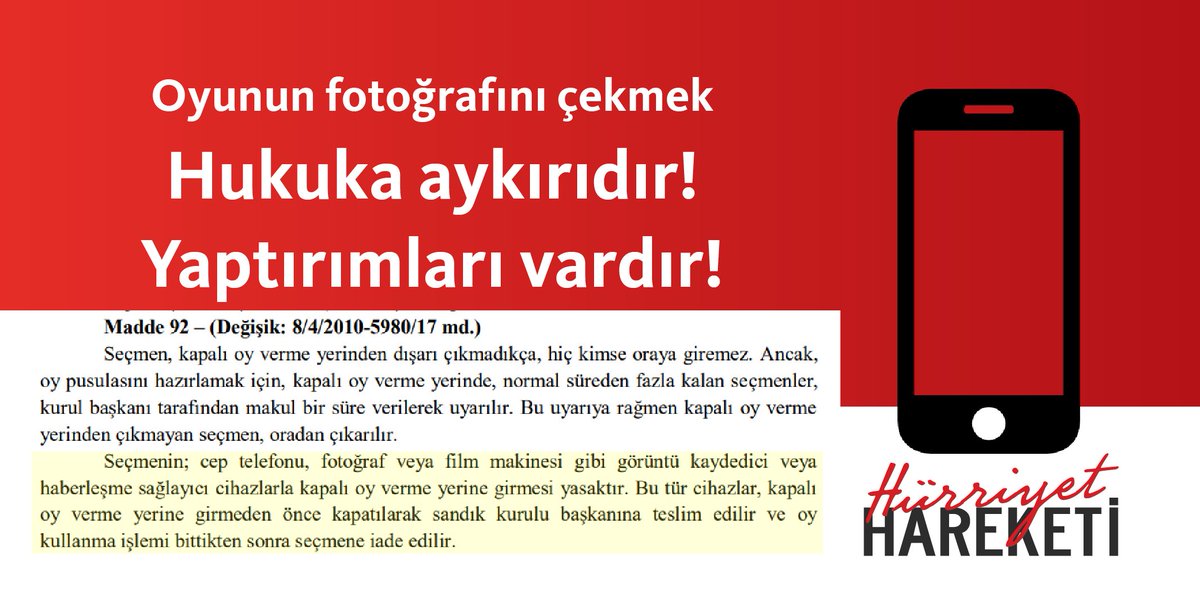 hurriyethareket's tweet photo. Oy pusulalarının fotoğraflarını çekerek yayınlayan kişiler hakkında 298 sayılı Seçim Kanunu'na muhalefet etmekten dolayı suç duyurusunda bulunulacaktır. @adilsecimnet Hukuk birimi oy pusulası içerikli yapılan tüm paylaşımları kayıt altına almaktadır. #Seçim2018 https://t.co/7bVXbrmkqF
