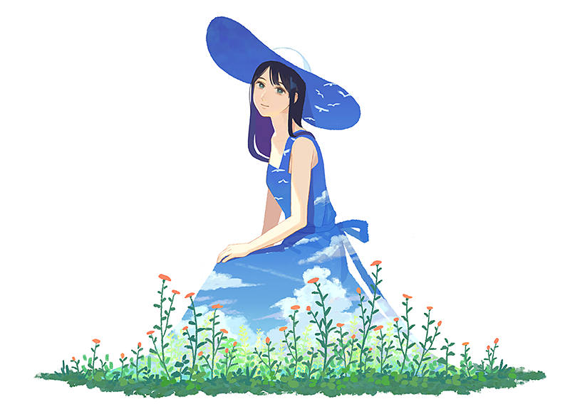 1girl solo dress hat flower white background long hair  illustration images