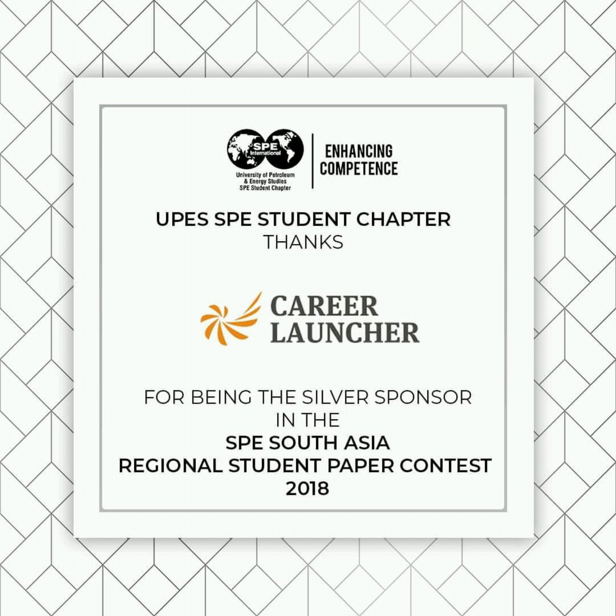 spe_upessc's tweet photo. We thank @careerlauncher for being the Silver Sponsor in SPE South Asia RSPC 2018!
#UPES_SPE #EnhancingCompetence https://t.co/V3BIHtIPtz