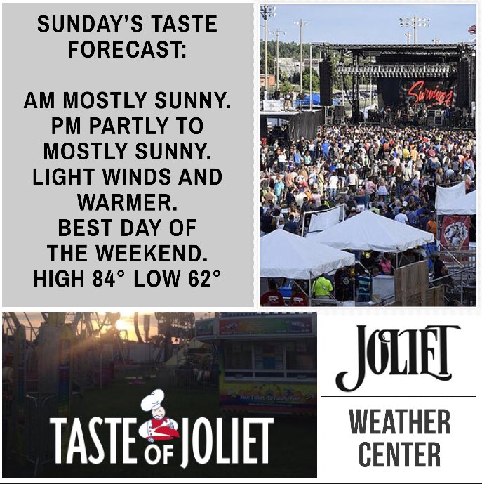 JolietWeather's tweet photo. Taste of Joliet Sunday Forecast. 
#TOJ2018 #TOJWEATHER #TasteOfJoliet #JWCTOJ2018 
@TasteofJoliet @JolietPark https://t.co/qs9j0f3su8