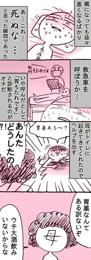 昨日死にかけた話

同じ肉を食べた両親は無事だったので、結果「お前が食いすぎたんじゃね?」で片付けられてしまった?
正露丸が良いか悪いかは別として良い子はちゃんと病院行ってね? 