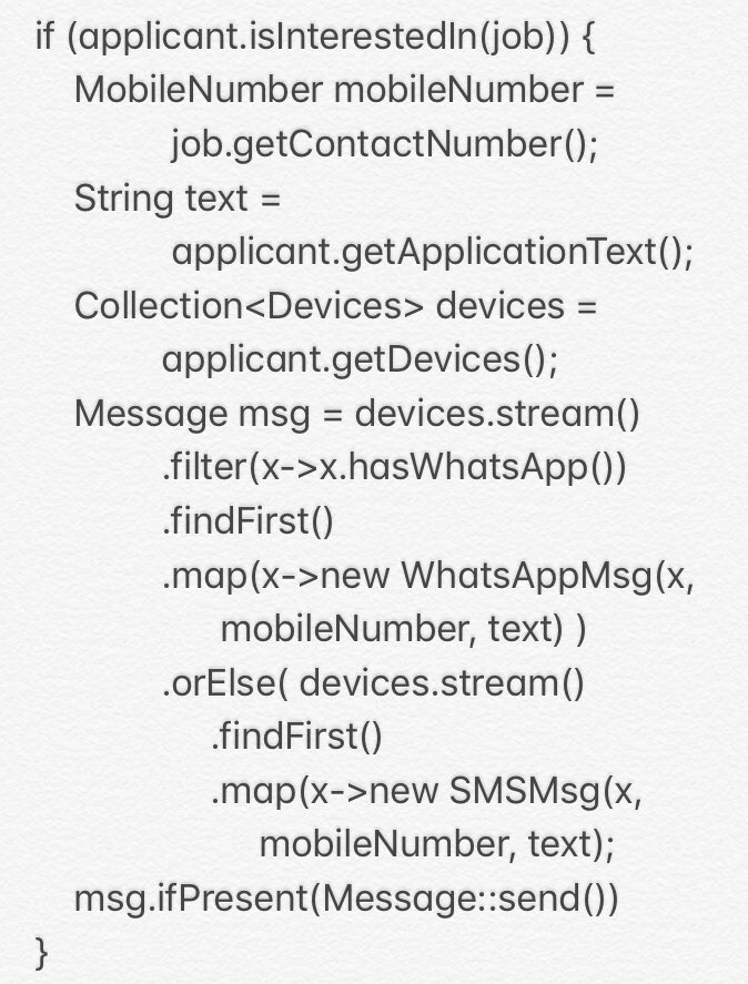 michaeak's tweet image. right, WhatsApp is none of job’s business #SeparationOfConcerns maybe something like this snippet, but it also needs some more thinking #FantasyProgramming