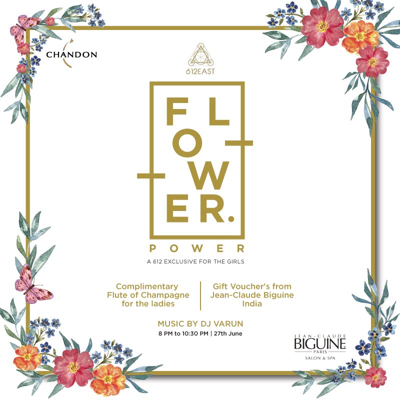 Ladies, on a cool and lovely #Wednesday evening the #612East bar awaits you with a flute of champagne! #HeadEast for #FlowerPower and get groovy with a hand-picked playlist by DJ Varun, and a bubbly in hand and go back home with vouchers from Jean Claude Biguine!