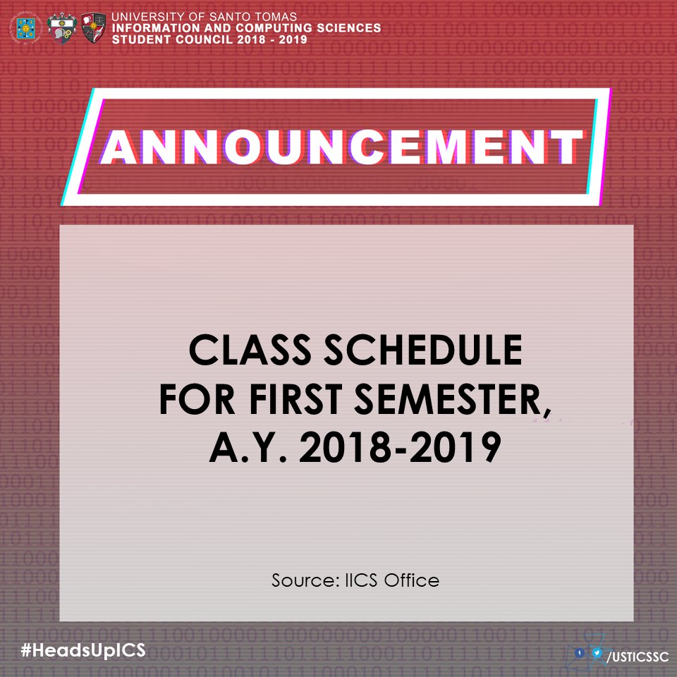 usticssc's tweet photo. #HeadsUpICS Here are the links for the Class Schedule for First Semester, Academic Year 2018-2019. Please be guided accordingly.

CS: https://t.co/aCOkoP0nGm
IT: https://t.co/71TxtOl101

Please standby for the class schedule for Information Systems. We'll keep you posted. https://t.co/Ij8pc5QidL