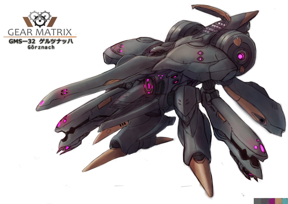 【GMS‐32 ゲルツナッハ】
GM社製新型高機動攻撃機。来るべき決戦に向け本社部隊やグレガー軍団に先行量産配備された。重力波砲による長距離砲撃を主任務とする。連式A9型複合縮退炉を搭載し、量産機の中でもずば抜けて高い機動力を有する。内装武装は一癖あり。ひさびさに仕上げたメカ絵です(*'▽`*) 