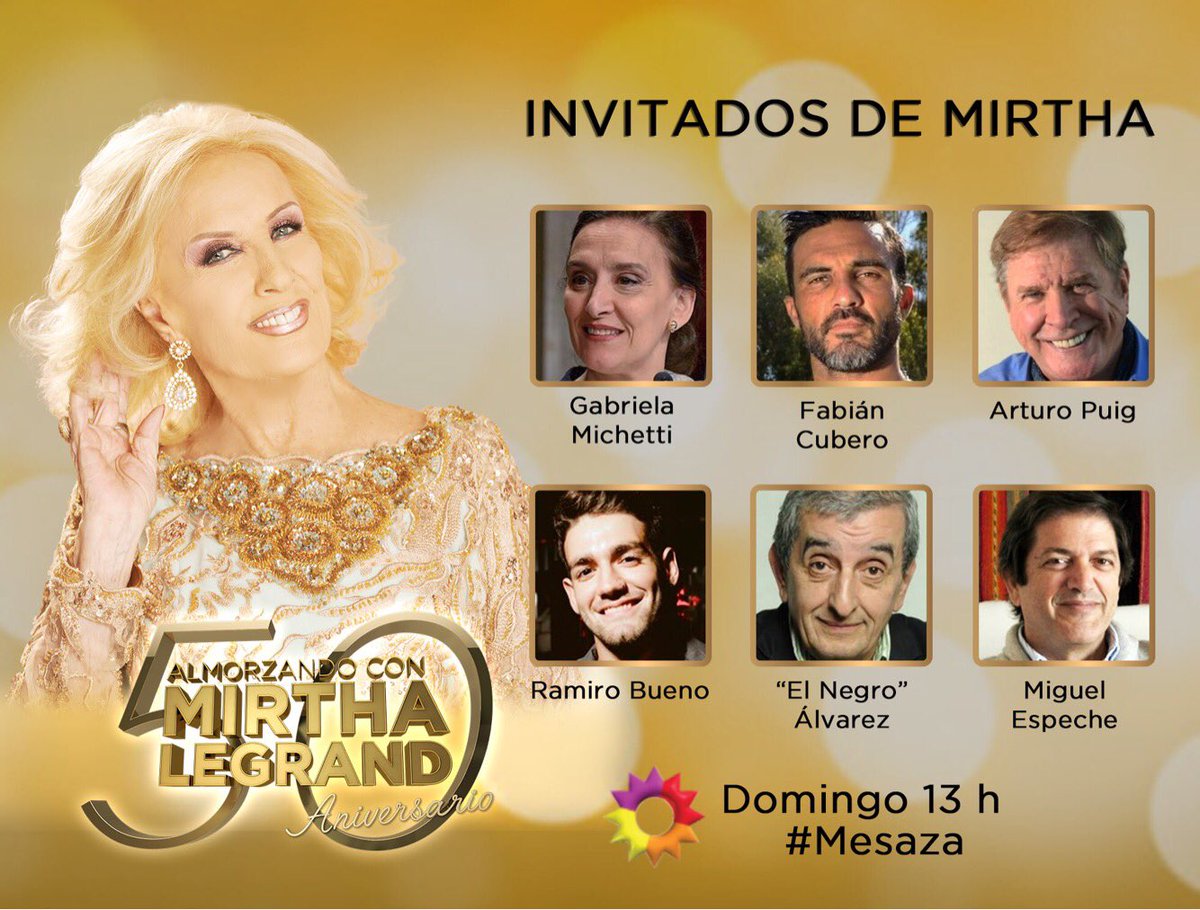 ¡Prendete a <a href="/eltreceoficial/">eltrece</a> a las 13 h! Nos vemos en #AlmorzandoConMirtha donde me acompañarán:
Gabriela Michetti <a href="/gabimichetti/">Gabriela Michetti</a> 
Fabián Cubero <a href="/FabianCubero2/">Fabian Cubero </a> 
Arturo Puig 
Ramiro Bueno @RamiroBueno_ 
El Negro Álvarez 
Miguel Espeche <a href="/MiguelEspeche/">Miguel Espeche</a> 

¡Re #Mesaza! 👏👏👏👏👏👏
